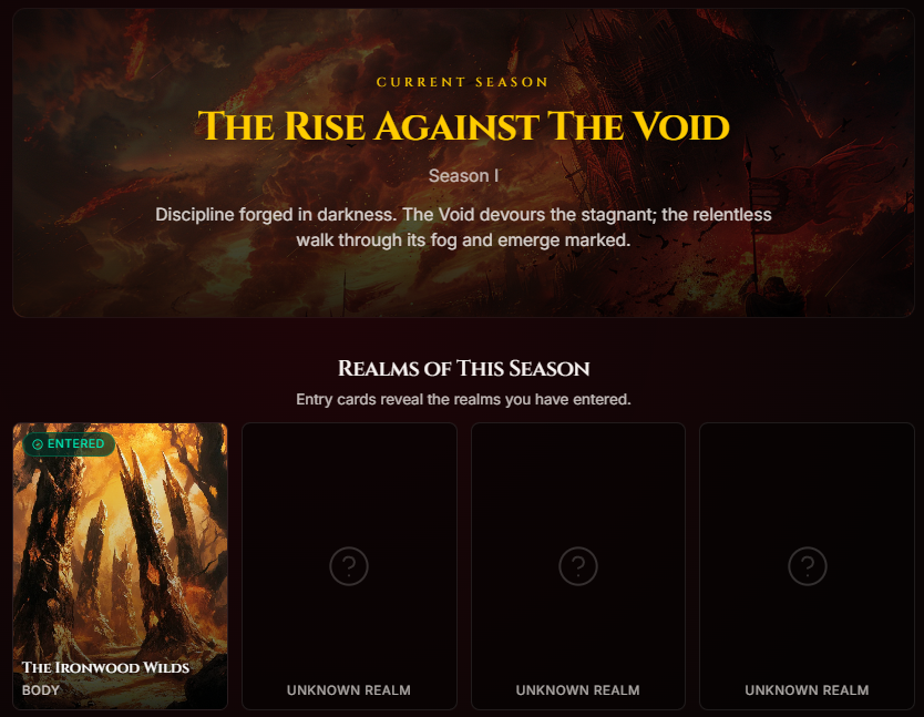 A live Trial in a realm — encounters, bosses, and cards move in response to real action