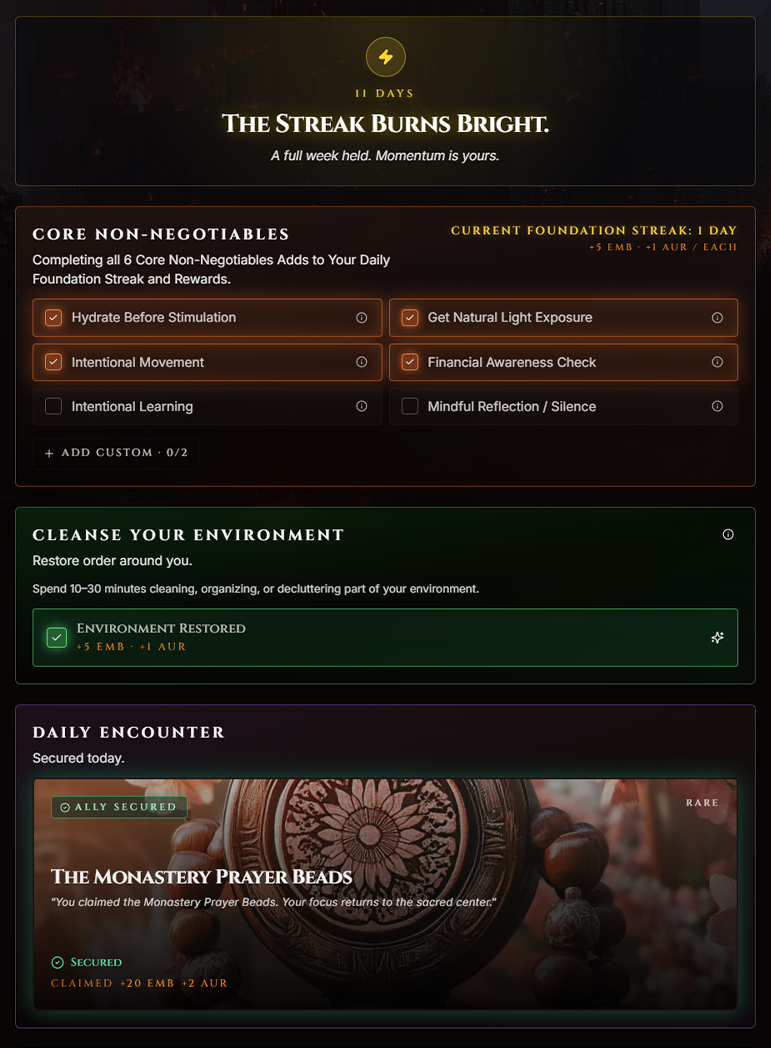 The Daily Rise view — non-negotiables, curated missions, and personal missions ready for the day